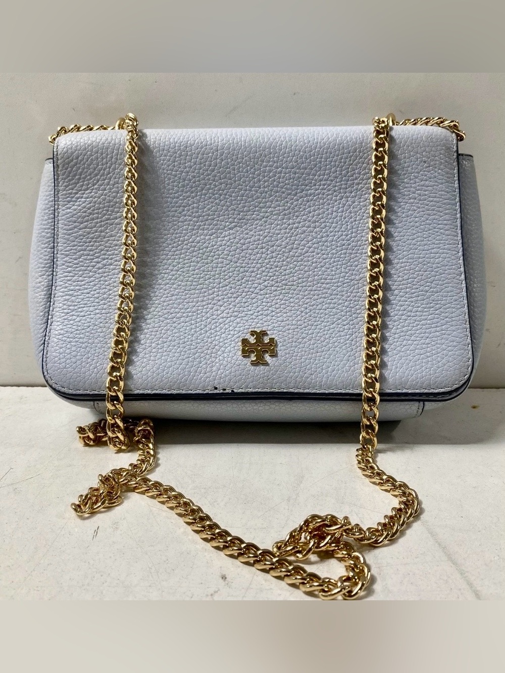 Tory Burch Light Grey Pebbled Leather Chain Shoulder Bag